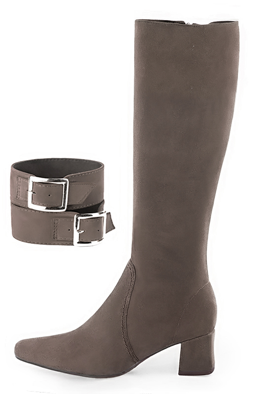 Taupe brown women's feminine knee-high boots. Square toe. Medium block heels. Made to measure. Profile view - Florence KOOIJMAN